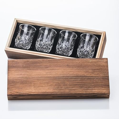 Lot de 4 verres à spiritueux avec coffret cadeau en bois ; verres transparents de 62,4 g ; verres à dégustation à whisky et brandy avec doublure en velours noir ; ensemble de spiritueux haut de gamme