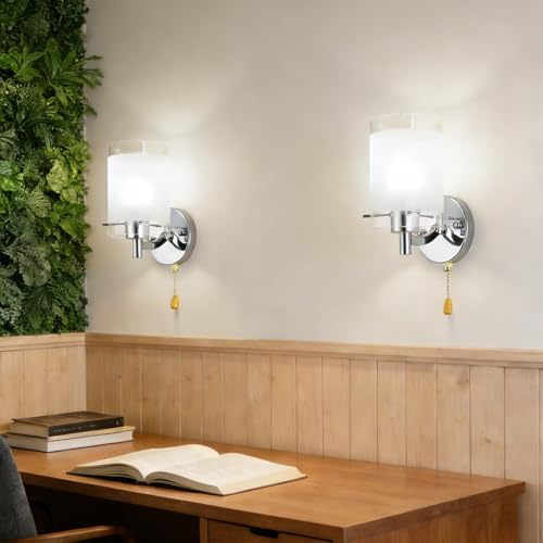 E27 Wall Light Indoor Decoration Lamp with Pull Cord Switch Sconce Minimalist Design Lighting White Glass Lampshade for Bedroom Living Room Hallway