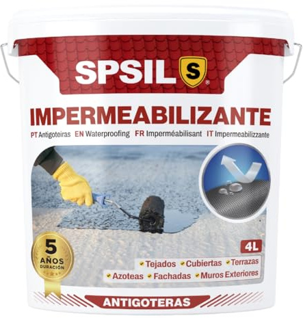 SPSIL Pintura Impermeabilizante Blanca 4L-Sellador Antifiltraciones y Antihumedad para Tejados, Terrazas, Cubiertas y Fachadas-Secado Rápido 1-2 h-Protección Impermeable hasta 5 Años