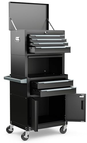 HOMFME 3-in-1 Heavy-Duty Metal Tool Cabinet, 6-Drawer Rolling Tool Chest Combo with Lockable Drawers, Mobile Workshop Service Cart & Utility Trolley for Garage (Classic Black)