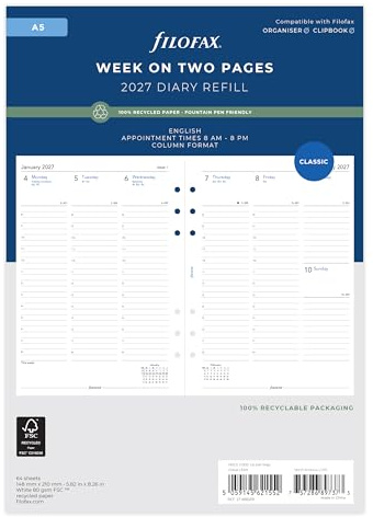 Filofax A5 Week on two pages column format English Recycled paper 2027 diary 27-68521R