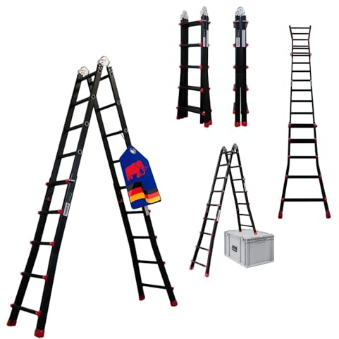 PROREGAL Sprossen-Mehrzweckleiter Apollo 3-in-1 Aluminiumleiter 4x5 Sprossen bis zu 4,8m Höhe Traglast 150kg Schwarz Treppenleiter Klappleiter Teleskopleiter Stehleiter Anlegeleiter