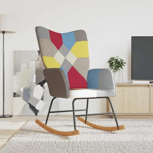 LoogCape gungstol, lapptäcke, tyg, flerfärgad med trä- och stålram för vardagsrum, sovrum, barnrum, balkong, relaxfåtölj, lounge, snygg amningsstol, gungande öronfåtölj