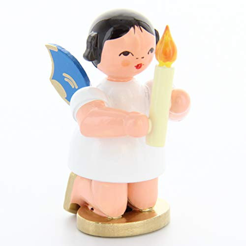 Engel mit Kerze - Blaue Flügel - kniend - 6cm / Weihnachtsengel - Original Erzgebirge Engel -Kunstgewerbe Uhlig