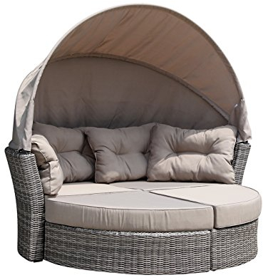 DEGAMO Gartenliege Liegeinsel Marbella aus Alu + Halbrund - Geflecht grau Bicolor, Polster taupefarben, mit klappbarem Verdeck, Outdoor
