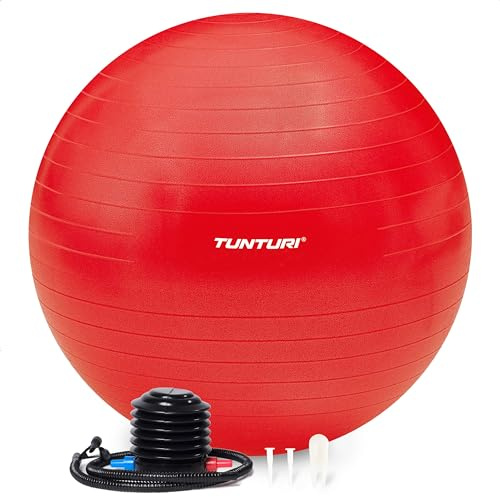 Tunturi Anti Burst Fitnessball mit Pumpe - Yoga-Ball 65 cm - Pilates-Ball - Schwangerschaftsball – 220 kg Benutzergewicht - Inklusive Trainings-App – Rot