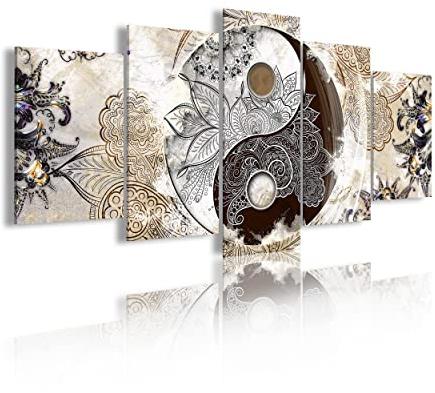 DekoArte 473 - Modernes Bild, digitalisierter Kunstdruck 5 Teile 200x100 cm | Dekoratives Bild für den Salon oder das Schlafzimer | Stil Yin Yang Abstrakt Zen Farben Beige Braun
