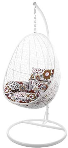 Kideo® Hängesessel mit Gestell & Kissen, Poly-Rattan, Lounge (Gestell- und Korbfarbe: weiß, Kissen: Blumenmuster Nest (3762 Retro Flowers)