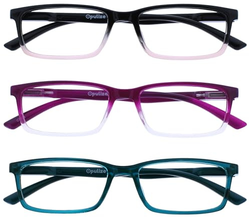 OPULIZE SEE Blaulichtfilter Lesebrille für Damen Herren, Blendfreie UV400-Schutz Federscharnier Anti-Müdigkeit, Rechteckiger Rahmen, Computerbrillen Gaming, 3er-Pack Rosa Violett Türkis +0,00