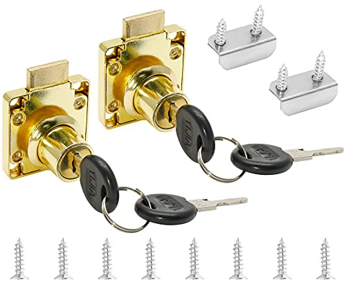 Jiozermi 2 Packs Drawer Lock with Keys, Desktop Lock with 0.84/22mm Length Cylinder Cam for Drawer Cabinet Wardrobe Office Desk Letter Box, Gold