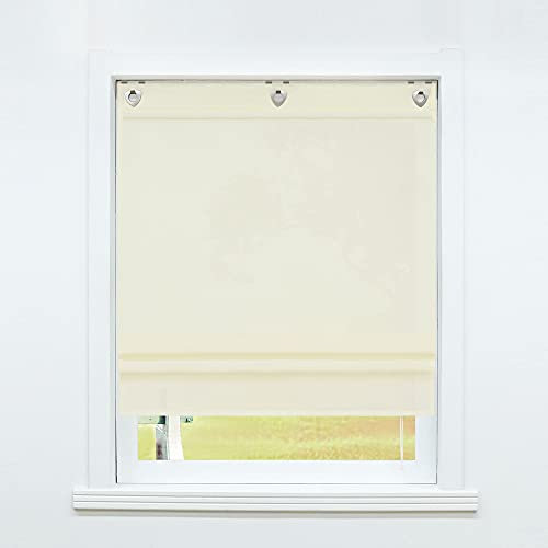 SCHOAL Raffrollo ohne Bohren Raffgardine Transparent mit Ösen Gardinen mit Haken Ösenrollo Leinen Vorhänge Uni Beige BxH 80x140cm 1 Stück