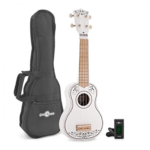 Gear4music Ukulele Starter-Kit für Kinder-Anfänger Day of the Dead | Weiße Sopran-Ukulele mit Day-of-the-Dead-Grafik, Weiche Nylonsaiten für Junge Anfänger, Gigbag Inklusive