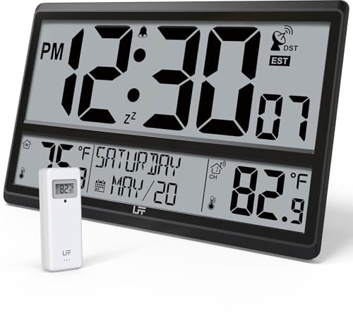 LFF Atomic Clock 4.5 Numbers, 15'' Large Display Atomic Wall Clock Never Needs Setting, Indoor Outdoor Temperature with Wireless Outdoor Sensor, Battery Powered, Clock for Home Office