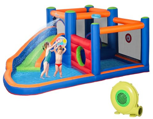 Outsunny Castello Gonfiabile per Bambini 3-8 Anni con Scivolo, Trampolino e Piscina, Gonfiatore Incluso, 380x340x170cm