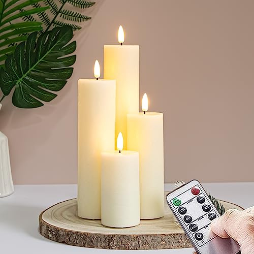 Vtobay Flickering Flameless Pillar Candles with Remote Control and Cycle Timer,Ivory Pack of 4 Battery Operated(Powered by 2AA) LED Real Wax Tall Fake 3D-Wick Electric Candles(D 2.2” x H 4”,6”,8”,10”)