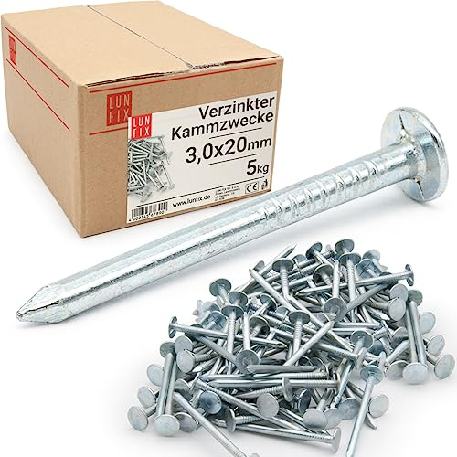 Lun Fix Stahlnägel 3,0 x 20 mm - 5kg (ca. 3500 stk.) Verzinkter Kammzwecke Holznägel für Dachpappenverlegung Baunägel 20 mm lang Drahtstifte Nägel Senkkopf für Montage der Dachschalung