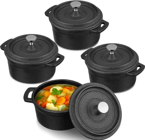 Suttmin 4 Pcs Mini Dutch Oven Small Round Iron Cocotte Black Dutch Oven Pot with Lid and Dual Handles Cast Iron Pot for Stovetop Use Marinate Cook Bake Refrigerate Garlic, Individual Servings(8 oz)