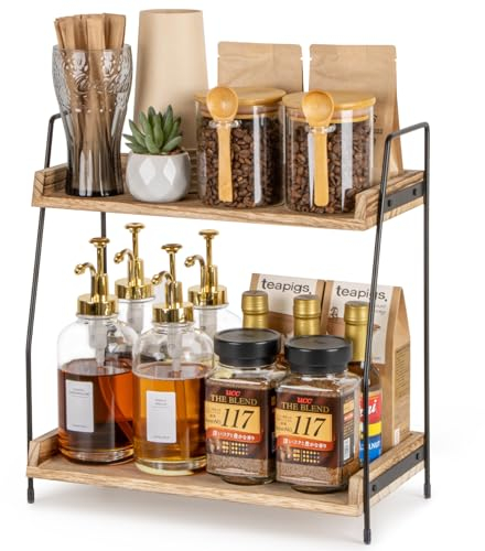 ANBOXIT Coffee Station Organizer for Countertop, 2 Tier Coffee Bar Accessories and Organizer, Wooden Kitchen Storage & Organisation, Countertop Organiser for Kitchen, Home, Office - Brown