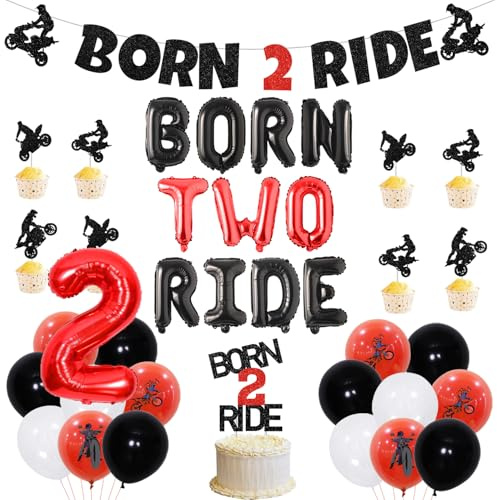 Born Two Ride Motorcycle 2nd Birthday Party Decoration Include Born Two Ride Banner, Latex Balloons, Cake and Cupcake Toppers Party Supplies for Little Rider 2nd Birthday Party Supplies