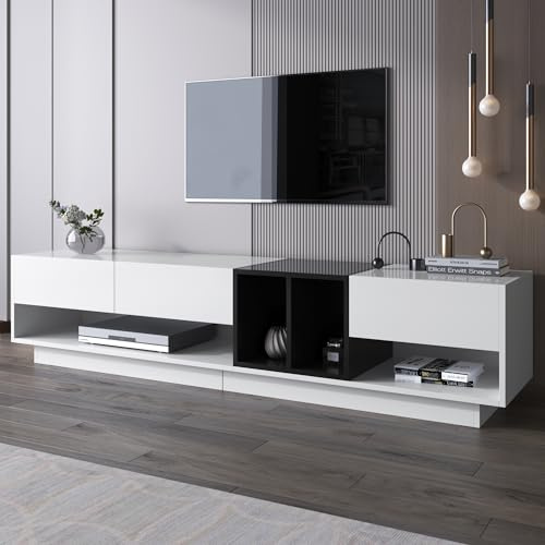 Merax Lowboard TV-Schrank, Moderner TV Ständer mit 3 Schubladen und offenes Ablagefach, TV Board mit viel Stauraum, Fernsehschrank für Wohnzimmer Esszimmer, Farbblockdesign, 190x40x34cm, Weiß&Schwarz