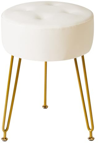 IBUYKE Faux läder rund fotpall, smink fåfänga pall sidobord, PU dressing bord sits, ottoman soffa pall, gyllene stålben, vit