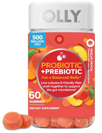 OLLY Probiotic + Prebiotic Gummy, Digestive Support and Gut Health, 500 Million CFUs, Fiber, Adult Chewable Supplement for Men and Women, Peach, 60 Day Supply - 60 Count