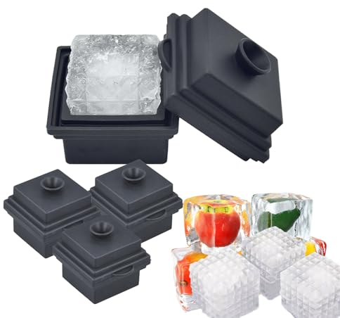 Silicone Ice Cube Trays with Funnel Lid, Large Ice Cube Mould, Ice Tray Easy Release, 5.3cm Slow Melting Big Ice Cubes Perfect for Whiskey, Cocktail and Any DIY Drink (4)