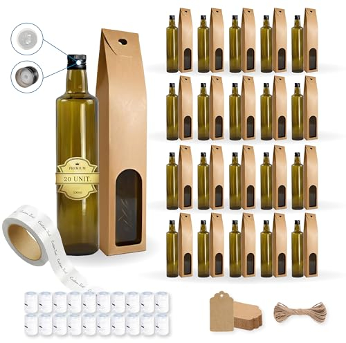 20 botellas de vidrio oscuro 500 ml con tapón de rosca negro con boquilla vertedero + 20 cajas + 20 sellos + 20 etiquetas personalizadas + 20 etiquetas Kraft + cuerda - aceite de oliva - aceitera