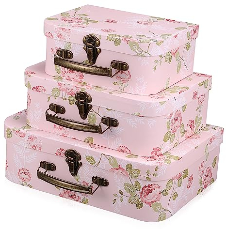 PRETYZOOM 3pcs Three Flower Decor Storage Floral Decor Cardboard Trunk Miniture Decoration Decorative Luggage Flower Embellishments Paper Baby Pink Flowers Suitcase
