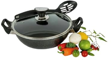 UWEVO Non-Stick Induction Base Deep Frying Pan, Cooking Wok with Glass Lid – Aluminium Kadhai Pan for Stir Fry, Curry, Frying & Everyday Cooking – Gas & Induction Hob Compatible