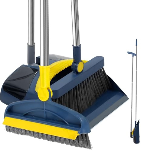 Lot de 3 balais et pelle à poussière avec long manche rotatif à 180 ° - 92 cm - Avec brosse de nettoyage de salle de bain - Pliable - Broom et pelle - Combo avec peigne (bleu foncé)