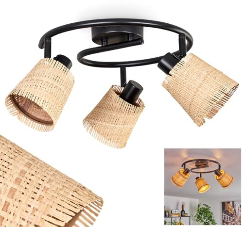 Deckenleuchte Lindberg, moderne Deckenlampe aus Metall/Bast in Schwarz/Natur, 3-flammig, mit verstellbaren Strahlern, runde Leuchte im Boho-Design, 3 x E14, ohne Leuchtmittel