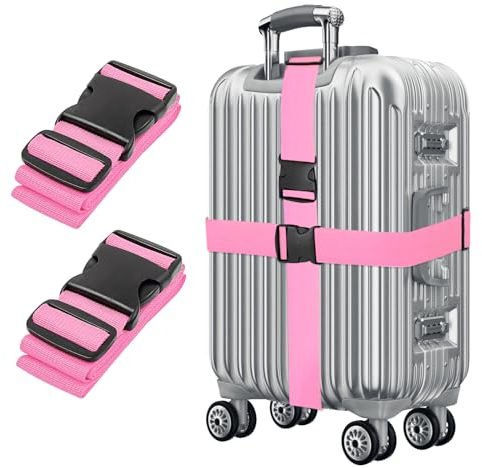 Rosa Koffergurt 195cm Lang - Gepäckgurt Set Mit Klickverschluss - 2er Set Verstellbare Gepäckgurte für Koffer - Luggage Strap