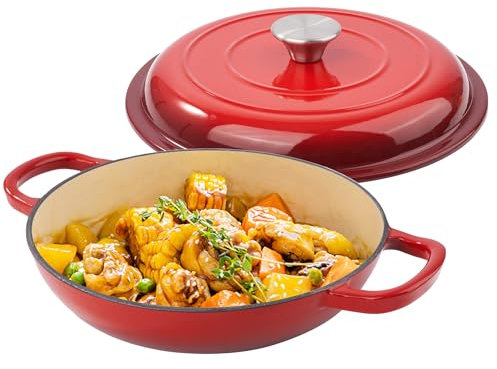 3 Quart Enameled Cast Iron Braiser, Non Stick Enameled Cast Iron Skillet with Lid, Dutch Oven Skillet with lid up to 500°F for Oven, Stove, Grill, Shallow Dutch Oven for Cook, Bake (Red)