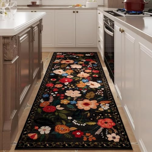 ARRITS Teppich Läufer Flur 80x120 cm, Küchenteppich Waschbar rutschfest, Weicher Boho Blumen Flurteppich Läufer Lang für Flure, Küche, Waschküche, Schlafzimmer, Badezimmer (Schwarz)