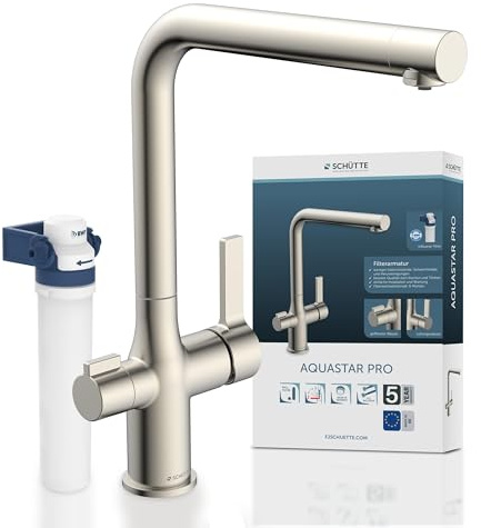 SKYDD 99805 AQUASTAR PRO dricksvatten-diskbänksarmatur med filtersystem, 3-vägs kökskran, osmos-kran, köksblandare med vattenfilter mot kalkrester och tungmetaller, rostfritt stål optik