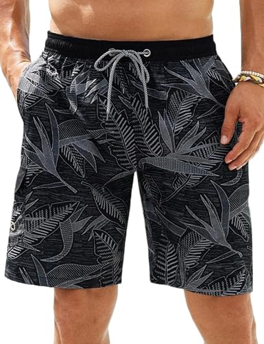 APTRO Men's Swimming Shorts Swim Trunks Board Shorts Quick Dry Summer Beach Shorts Leaves Black MK370 L