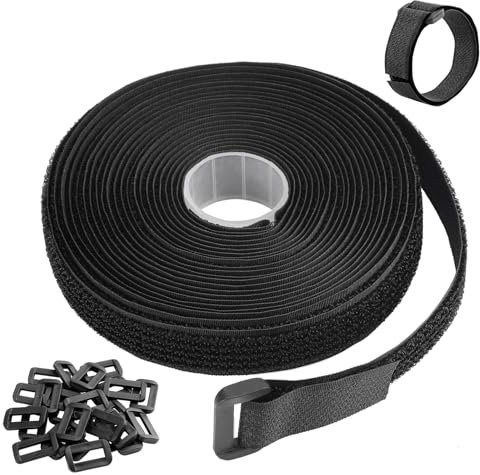 Mynoozi 5m Adjustable Cable Straps with 25 Buckles, Hook and Loop Securing Strap Reusable and Freedom to Cut Length, Fastening Cable Ties for Cable Tidy, Ropes, Hoses, Wire Management - Black (5m*2cm)