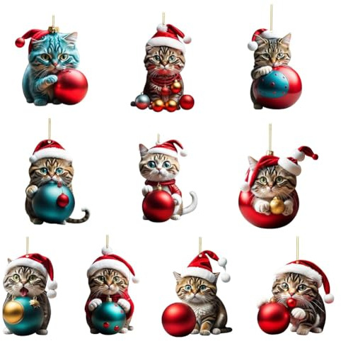 Weihnachtsbaum Katzen Anhänger, 10 Stück 2D Acryl Weihnachtskatze Hängende Deko, Cartoon Dekorative Ornamente, Niedliche Weihnachtsdekoration Für Bäume, Rucksäcke, Autos