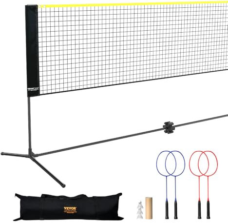 VEVOR Badminton Net, 20ft Wide Foldable Pickleball Set With Stand, Bag, Rackets, Nylon Shuttlecocks for Kid Backyard Indoor Outdoor Use, Height Adjustable Volleyball, Portable Tennis With Poles