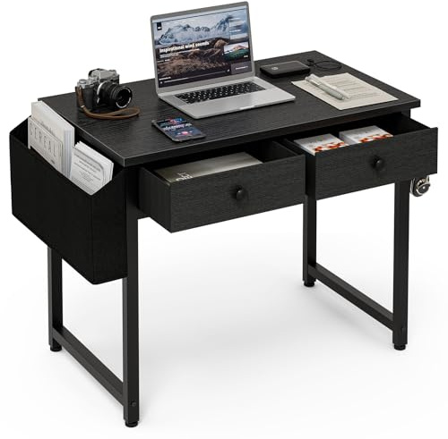 Grandder Small Computer Desk with 2 Fabric Drawers, 80 x 40 cm Home Office Desk with Storage Bags and Drawers, Study Writing Gaming Table for Small Spaces, Black