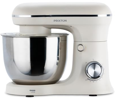 PRIXTON KR250 degmixer för bakverk, effekt 1 500 W, 10 hastigheter, 5 liters skål i rostfritt stål, 3 tillbehör, transparent lock (gräddvit)