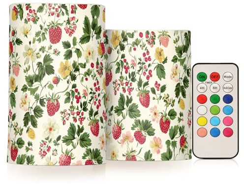 miaozhen Juego de 2 velas sin llama, sin llama, con diseño de fresas y flores silvestres, estilo retro, funciona con pilas, sin llama, LED para la noche