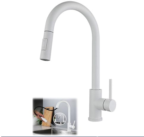 Modern White Kitchen Faucet with High Pressure Stainless Steel Sprayer 360° Rotatable Pull Out Kitchen Faucet Mixer with 2 Water Flow Modes