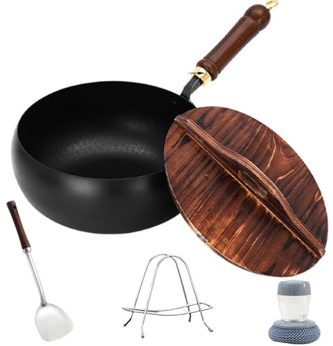 Suntuup Japanese Iron Pan – Hand-Forged Uncoated Wok with Spatula, Stand & Cleaning Brush, Naturally Non-Stick, Durable Yet Lightweight, for Gas & Induction Cooktops (Hammered wooden lid, 24 cm)
