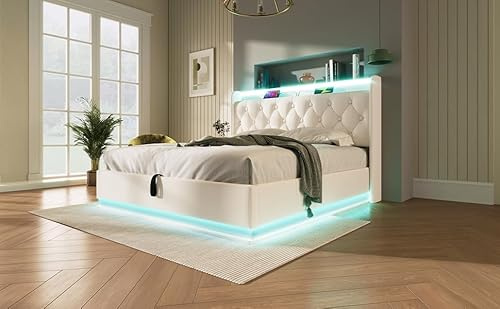 Merax 5ft LED Upholstered King Ottoman Bed 150 x 200 cm Hydraulic Storage Bed Frame,King Size Bed Frame with 360° Surround LED Lighting,USB & Type-C Charging Function,Linen,White (No Mattress)