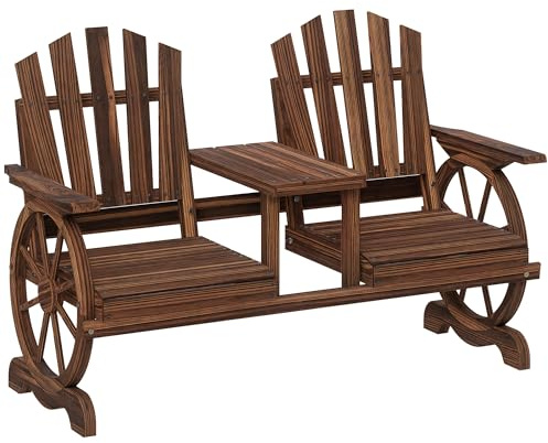 Outsunny 2-Sitzer Gartenbank Holz, wetterfest Balkonbank mit Schirmloch, Beine im Wagenradform Sitzbank mit Tisch Parkbank 120kg belastbar, Holzbank für Garten Balkon 154x65x102 cm Verkohlt