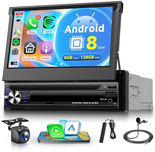 6G+128G 8 Core Android Autoradio 1 Din avec Sans Fil Carplay Android Auto 4G SIM WiFi BDS GPS Navi 7 Pouces Écran Tactile Extensible Autoradio avec Mirror Link Bluetooth FM/RDS DSP SWC Caméra de Recul