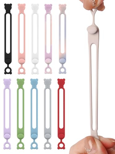 Bridas de silicona | 10 bridas elásticas de silicona, cordones elásticos, gestión de cables reutilizables, para fijación para ordenador, coche, cocina, viajes, hogar, escritorio