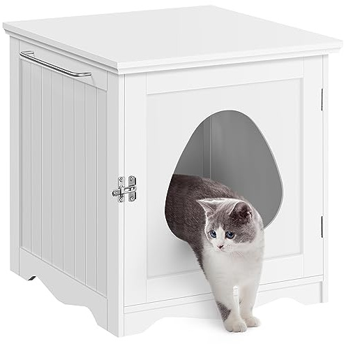 Yaheetech Wooden Cat Litter Box Furniture, Litter Box Enclosure with Towel Bar, Dog Proof Litter Box Cabinet for Bathroom, Bedroom & Living Room Use, White